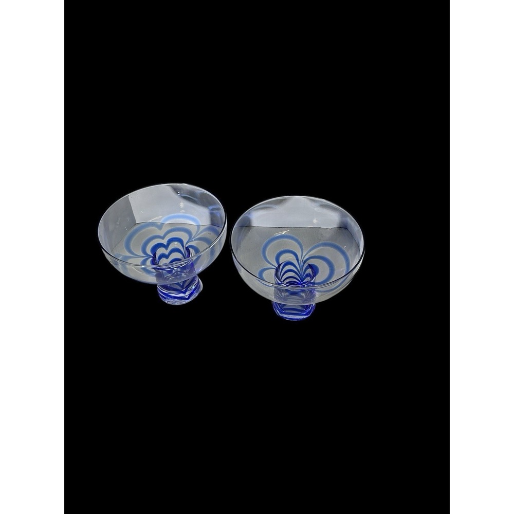 2 Pier 1 Margarita Stem Wide Mouth-Blown Glasses Blue Swirl Dessert‎ Cobalt Blue